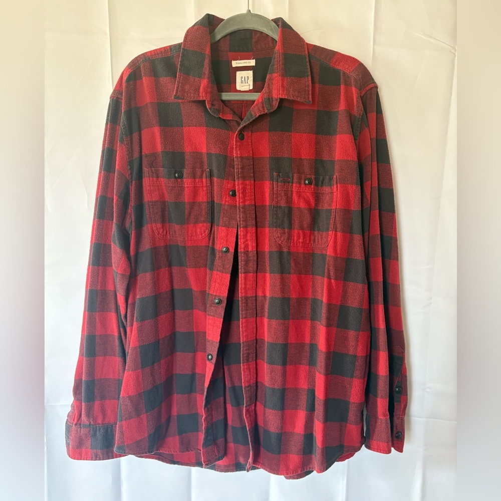 GAP Standard Fit Red and Black Flannel Button Up - Size XL